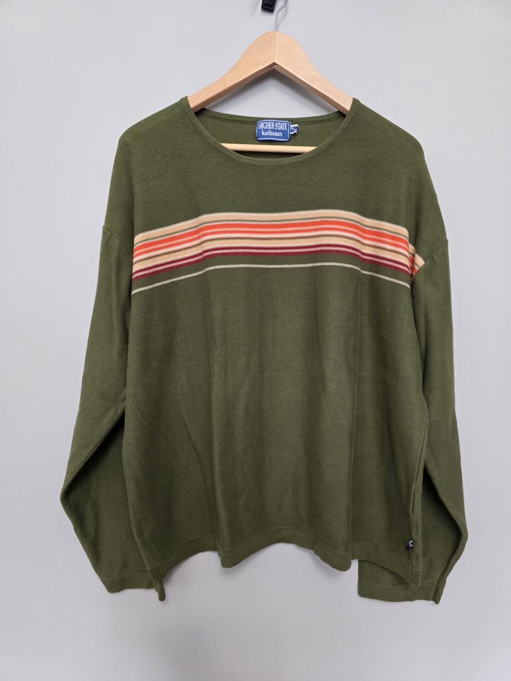Higher State Knitwear Inspired Olive Green Stripe Crewneck Sweater Size XL